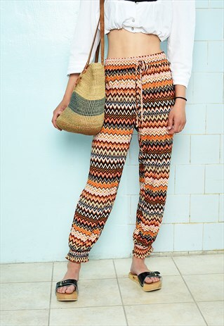 VINTAGE 70S CHEVRON PRINT LYCRA FESTIVAL BOHO PANTS TROUSERS