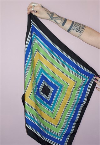 BLUE AZTEC BRIGHT NECK HEAD SCARF 80S VINTAGE YELLOW GREEN