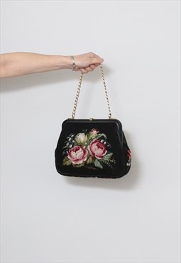 Vintage Ladies 50's/60's Tapestry Black Floral Bag