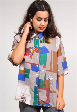 VINTAGE 90'S BUTTEFLY WAVEY PATTERN SHORT SLEEVE SHIRT
