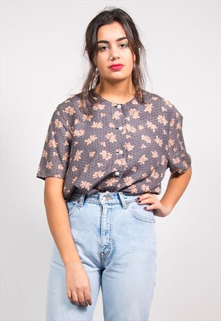 90'S VINTAGE NAVY BLUE FLORAL PATTERN BLOUSE SHIRT