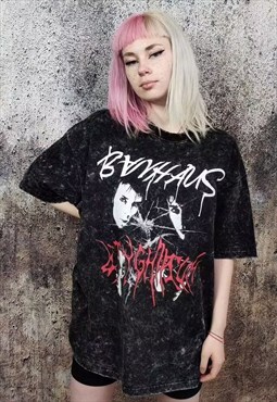 Vintage rock band print tee retro punk t-shirt in acid black