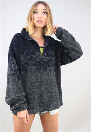 VINTAGE OVERSIZED 1/4 ZIP PATTERNED TEDDY SHERPA FLEECE