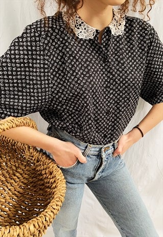 VINTAGE 80S PETITE FLORAL MILKMAID PUFF SLEEVE BLOUSE TOP