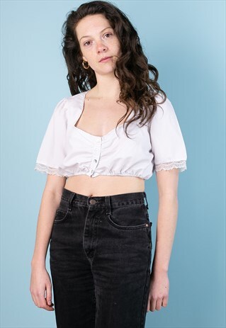 VINTAGE 1970S BOHEMIAN CROP PEASANT BLOUSE WHITE