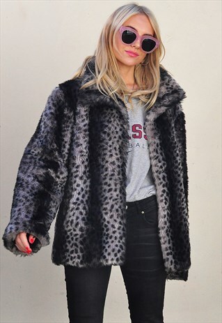 VINTAGE GREY LEOPARD ANIMAL PRINT FAUX FUR COAT /JACKET