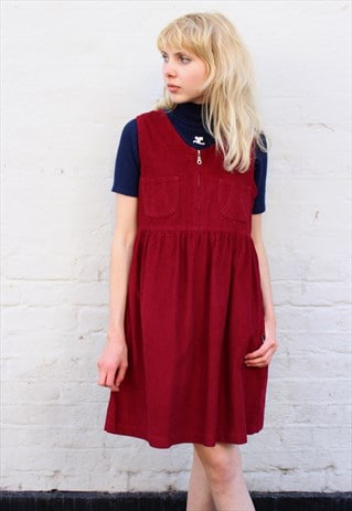 VINTAGE 90S BURGUNDY CORDUROY PINAFORE MINI DRESS