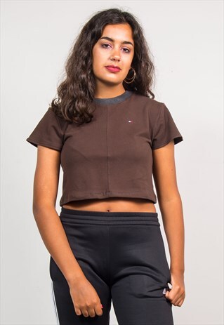 VINTAGE 90'S REWORK BROWN CROPPED TOMMY HILFIGER T-SHIRT