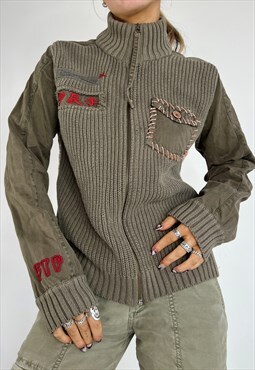 Vintage Y2k Knit Jumper Jacket Zip Up Sweater Khaki 90s 00s
