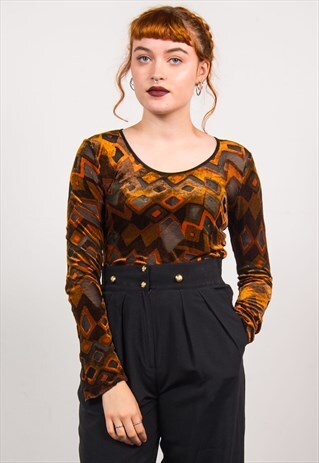 VINTAGE 90'S GEOMETRIC PATTERN VELVET LONG SLEEVE TOP