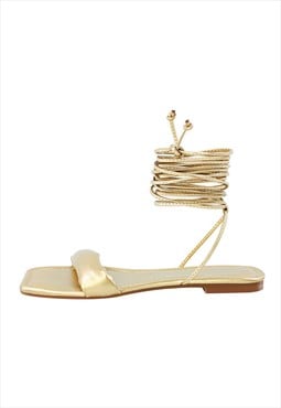 Square Toe Lace-up Strap Gold Flats