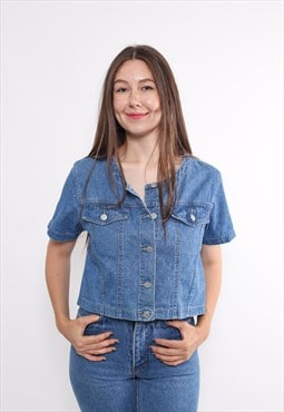 90s denim crop blouse, vintage heavy cotton front button 