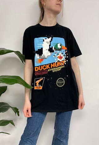 COOL FUN BLACK PRINTED T-SHIRT DUCK HUNT NINTENDO