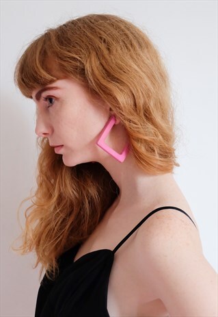 VINTAGE 80S PINK GEOMETRICAL BIG HOOPS STATEMENT EARRINGS