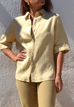 Vintage beige linen short/half sleeved button down shirt