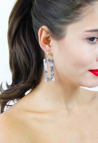 GREY & WHITE GOLD GEOMETRIC RECTANGLE ACRYLIC DROP EARRINGS