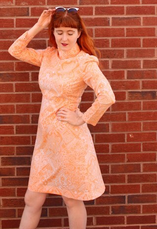 VINTAGE 70S ORANGE PAISLEY FLORAL HIGH NECK MINI DRESS