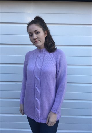 WOMENS VINTAGE 80S JUMPER PURPLE CABLE KNIT TURTLE NECK TOP