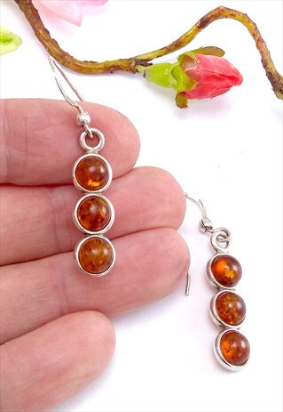 VINTAGE STERLING SILVER TRIPLE AMBER CABOCHON DROP EARRINGS