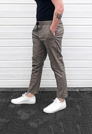 STAPLE SMART CHECKED SUIT TROUSER JOGGER - BROWN/CREAM