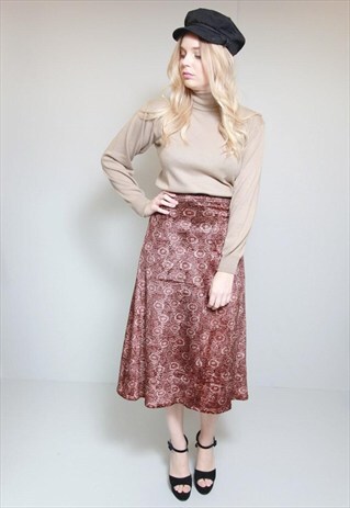 VINTAGE 1970'S BURGANDY FLORAL VELVET A-LINE MIDI SKIRT