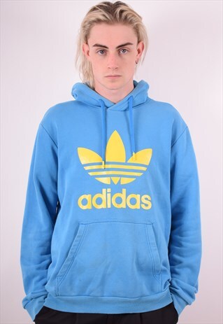 ADIDAS MENS VINTAGE HOODIE JUMPER LARGE BLUE 90S