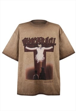 Jesus cartoon t-shirt punk top grunge goth tee in brown 