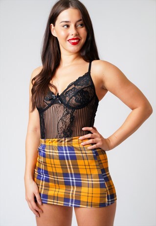 JENNIFER YELLOW TARTAN BODYCON MINI SKIRT