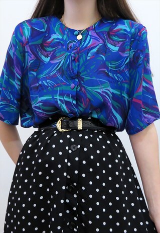 FUNKY RETRO 90S VINTAGE BLUE & PURPLE ABSTRACT SHIRT / BLOUS