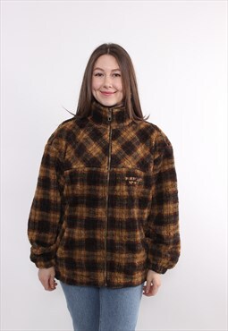90s fleece sherpa jacket, vintage plaid print brown outdoor 