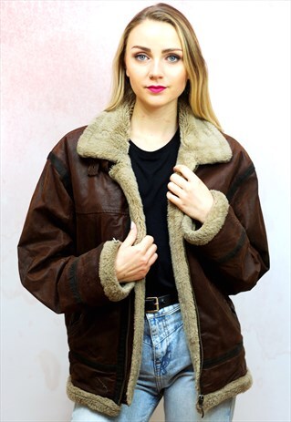 1980S VINTAGE BROWN LEATHER OVERSIZED AVIATOR JACKET