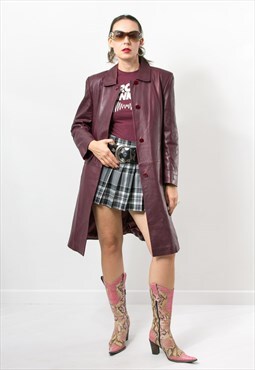 Vintage Burgundy leather trench autumn coat women