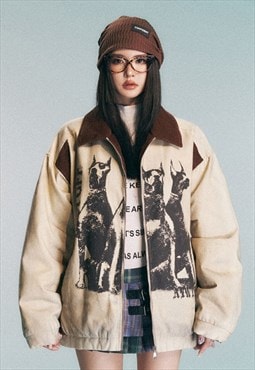 Dog print flight jacket padded bomber grunge coat in beige