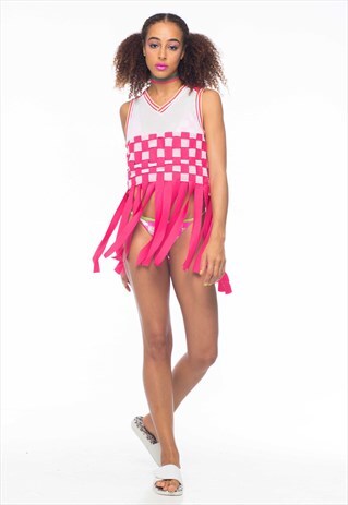 BASEBALL STYLE CHECKER FESTIVAL FRINGED TOP W/ KEYHOLE BACK