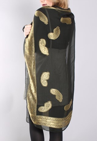 VINTAGE 80S GOLD PAISLEY SHEER CHIFFON SCARF
