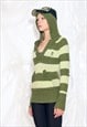 Vintage Y2K Hooded Knit Jumper in Green Striped