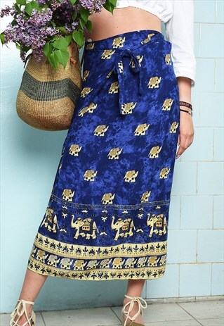 VINTAGE 90S BOHO WRAP UP ELEPHANT PRINT FESTIVAL MAXI SKIRT