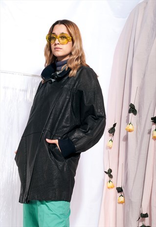 VINTAGE LEATHER JACKET 80S OVERSIZED RAW BLACK COAT