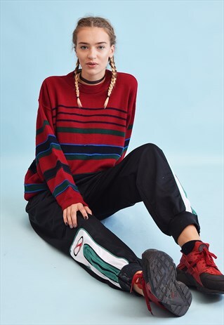 90'S RETRO STRIPED PATTERN KNIT WOOLEN OVERSIZED JUMPER