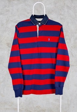 Vintage Ralph Lauren Rugby Polo Shirt Striped Red Blue Small