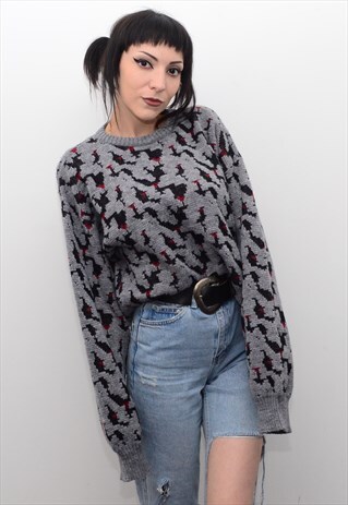 VINTAGE 90'S RETRO GREY ABSTRACT PATTERNED SLOUCHY JUMPER