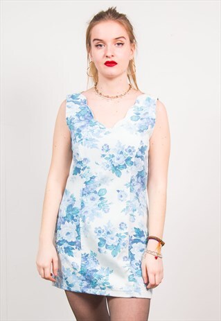 VINTAGE 90'S WHITE & BLUE DENIM FLORAL PATTERN MINI DRESS