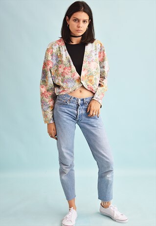 80'S RETRO DENIM FLORAL PRINT CROP JACKET
