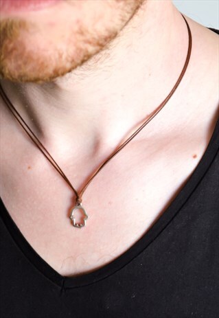 SILVER TONE HAMSA NECKLACE FOR MEN, BROWN CORD GIFT FOR HIM