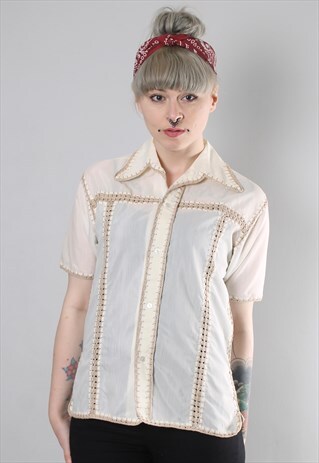 VINTAGE 70S CREAM SHEER STITCH PANEL BLOUSE