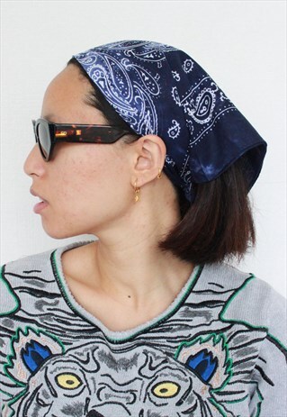 BLUE TIE DYE BLEACH PAISLEY PRINT BANDANA HEADSCARF Y2K 90S