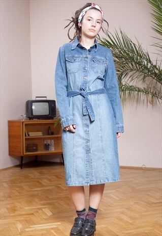 90S VINTAGE MIDI LONG SLEEVE BLUE BUTTONED DOWN DENIM DRESS