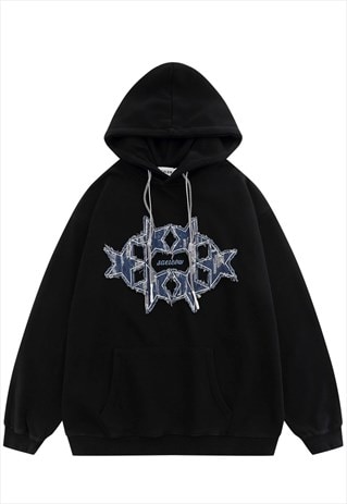 DENIM PATCH HOODIE SKATER PULLOVER STAR APPLIQUE TOP BLACK