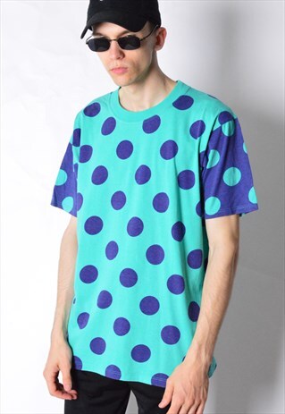 VINTAGE 80S SEA GREEN BLUE POLKA DOT T-SHIRT