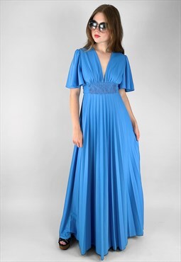 70's Vintage Fluted Short Sleeve Pleated Blue Maxi Dress